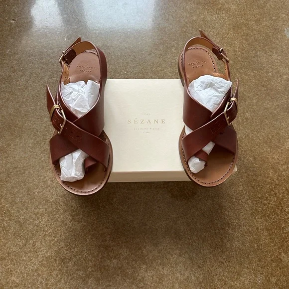 Sezane Judith Brown Leather Sandals - Picture 1 of 4